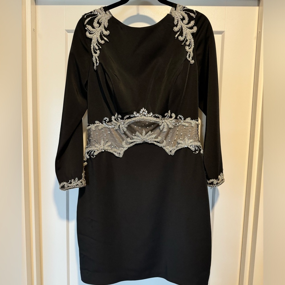 Women’s black satin sheath dress Silver beading & appliqués made by Colors Dress
